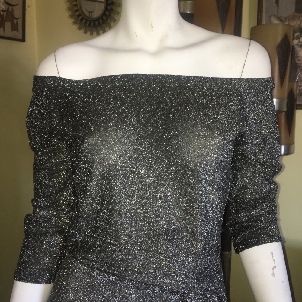 Vintage ladies silver glitter sparkle glamour prom evening party dress gown - Picture 5 of 6